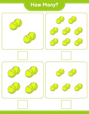 Maç sayısı, kaç Tenis Topu. Eğitimsel çocuk oyunu, yazdırılabilir çalışma tablosu, vektör illüstrasyonu