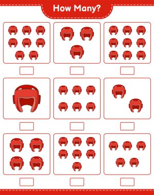 Maç sayısı, kaç tane boks kaskı. Eğitimsel çocuk oyunu, yazdırılabilir çalışma tablosu, vektör illüstrasyonu