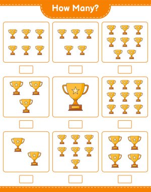 Maç sayısı, kaç kupa. Eğitimsel çocuk oyunu, yazdırılabilir çalışma tablosu, vektör illüstrasyonu