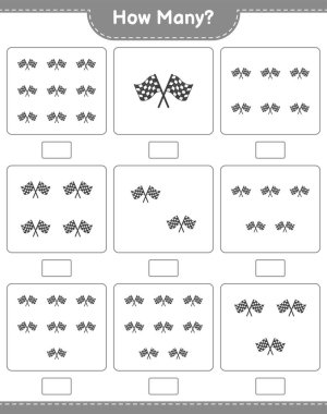 Sayma oyunu, kaç yarış bayrağı. Eğitimsel çocuk oyunu, yazdırılabilir çalışma tablosu, vektör illüstrasyonu