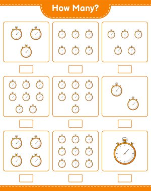 Maç sayıyorum, kaç tane Stopwatch var. Eğitimsel çocuk oyunu, yazdırılabilir çalışma tablosu, vektör illüstrasyonu