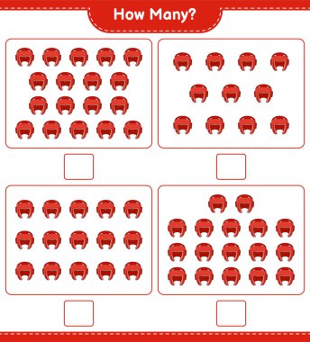 Maç sayısı, kaç tane boks kaskı. Eğitimsel çocuk oyunu, yazdırılabilir çalışma tablosu, vektör illüstrasyonu