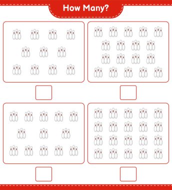 Maç sayıyorum, kaç tane bowling topu var. Eğitimsel çocuk oyunu, yazdırılabilir çalışma tablosu, vektör illüstrasyonu