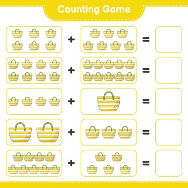 Oyun sayıyorum, plaj çantası sayısını say ve sonucu yaz. Eğitimsel çocuk oyunu, yazdırılabilir çalışma tablosu, vektör illüstrasyonu