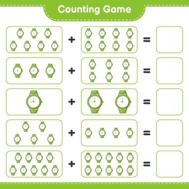 Oyun sayılıyor, saat sayısını say ve sonucu yaz. Eğitimsel çocuk oyunu, yazdırılabilir çalışma tablosu, vektör illüstrasyonu