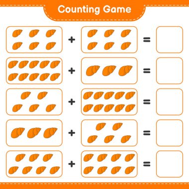 Oyun sayılıyor, deniz kabuklarını sayın ve sonucu yazın. Eğitimsel çocuk oyunu, yazdırılabilir çalışma tablosu, vektör illüstrasyonu