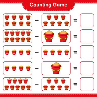 Oyun sayılıyor, kum kovası sayısını say ve sonucu yaz. Eğitimsel çocuk oyunu, yazdırılabilir çalışma tablosu, vektör illüstrasyonu