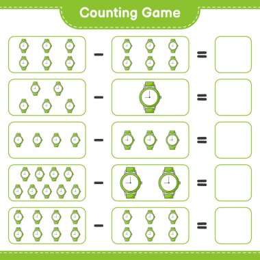 Oyun sayılıyor, saat sayısını say ve sonucu yaz. Eğitimsel çocuk oyunu, yazdırılabilir çalışma tablosu, vektör illüstrasyonu
