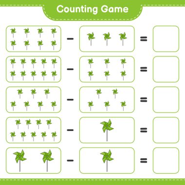 Oyun sayılıyor, fırıldak sayısını say ve sonucu yaz. Eğitimsel çocuk oyunu, yazdırılabilir çalışma tablosu, vektör illüstrasyonu