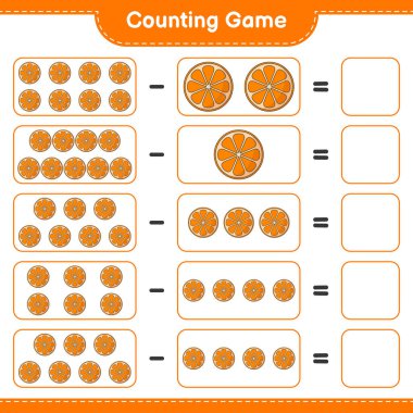 Oyun sayılıyor, turuncu sayıyı say ve sonucu yaz. Eğitimsel çocuk oyunu, yazdırılabilir çalışma tablosu, vektör illüstrasyonu