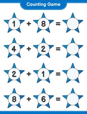 Oyun sayılıyor, denizyıldızı sayısını say ve sonucu yaz. Eğitimsel çocuk oyunu, yazdırılabilir çalışma tablosu, vektör illüstrasyonu