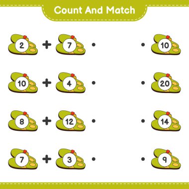 Say ve eşleştir, terlik sayısını say ve doğru numaralarla eşleştir. Eğitimsel çocuk oyunu, yazdırılabilir çalışma tablosu, vektör illüstrasyonu