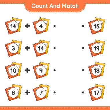 Say ve eşleştir, kitap sayısını say ve doğru sayılarla eşleştir. Eğitimsel çocuk oyunu, yazdırılabilir çalışma tablosu, vektör illüstrasyonu