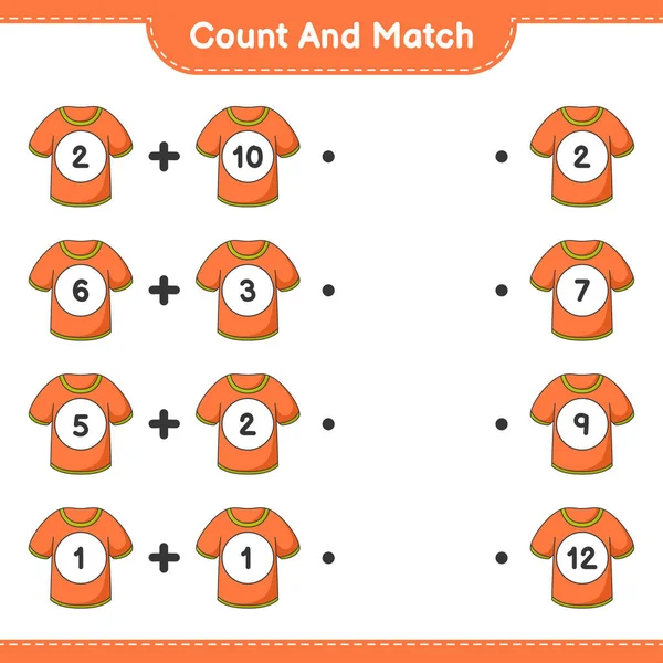 计数和匹配 计数T恤的数量和匹配的正确数字 教育儿童游戏 可打印工作表 矢量图解 — 图库矢量图片