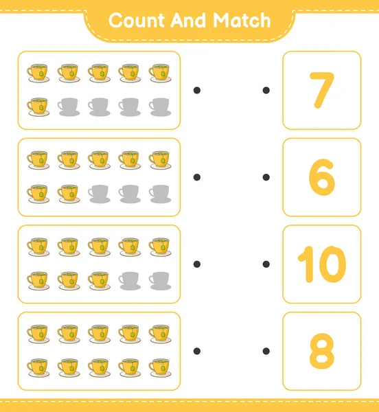 计数和匹配 计数茶杯的数量 并与正确的数量匹配 教育儿童游戏 可打印工作表 矢量图解 — 图库矢量图片