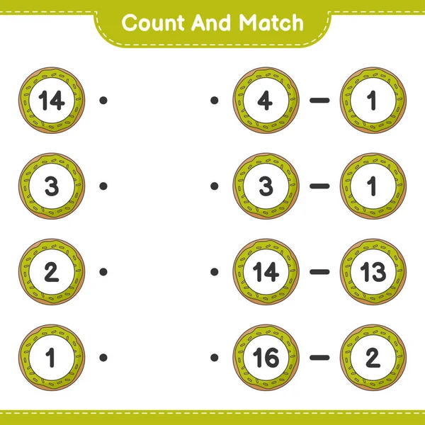 カウントして一致させ ドーナツの数を数え 正しい数と一致させます 教育用子供ゲーム 印刷可能なワークシート ベクトルイラスト — ストックベクタ