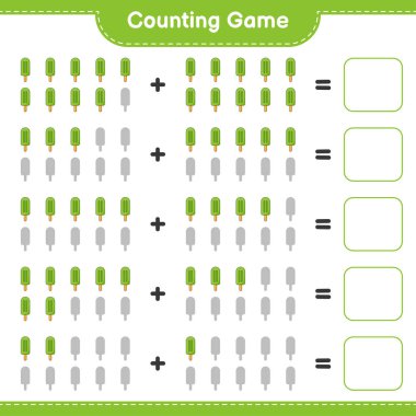 Oyun sayılıyor, dondurma sayısını say ve sonucu yaz. Eğitimsel çocuk oyunu, yazdırılabilir çalışma tablosu, vektör illüstrasyonu