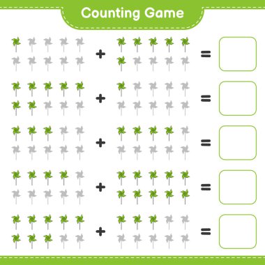 Oyun sayılıyor, fırıldak sayısını say ve sonucu yaz. Eğitimsel çocuk oyunu, yazdırılabilir çalışma tablosu, vektör illüstrasyonu