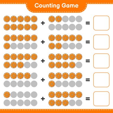 Oyun sayılıyor, turuncu sayıyı say ve sonucu yaz. Eğitimsel çocuk oyunu, yazdırılabilir çalışma tablosu, vektör illüstrasyonu
