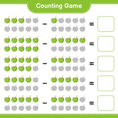 Oyun sayılıyor, hindistan cevizi sayısını say ve sonucu yaz. Eğitimsel çocuk oyunu, yazdırılabilir çalışma tablosu, vektör illüstrasyonu