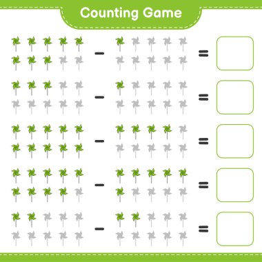 Oyun sayılıyor, fırıldak sayısını say ve sonucu yaz. Eğitimsel çocuk oyunu, yazdırılabilir çalışma tablosu, vektör illüstrasyonu