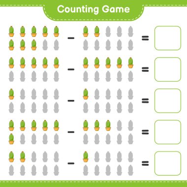 Oyun sayılıyor, Kaktüs sayısını say ve sonucu yaz. Eğitimsel çocuk oyunu, yazdırılabilir çalışma tablosu, vektör illüstrasyonu