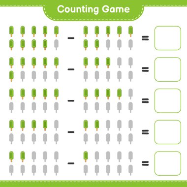 Oyun sayılıyor, dondurma sayısını say ve sonucu yaz. Eğitimsel çocuk oyunu, yazdırılabilir çalışma tablosu, vektör illüstrasyonu