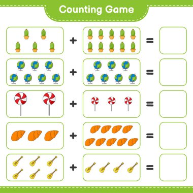 Oyun sayma, Deniz Kabukları, Ukulele, Kaktüs, Globe, Şeker sayma ve sonucu yazın. Eğitimsel çocuk oyunu, yazdırılabilir çalışma tablosu, vektör illüstrasyonu