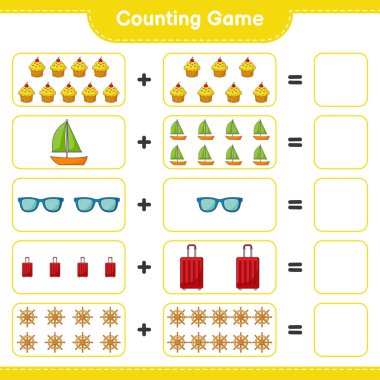 Oyun sayılıyor, Ship Direksiyon, Kupa Pastası, Yelkenli, Güneş gözlüğü, Seyahat Çantası 'nı sayın ve sonucu yazın. Eğitimsel çocuk oyunu, yazdırılabilir çalışma tablosu, vektör illüstrasyonu