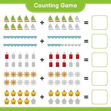 Oyun sayılıyor, Ship Direksiyon, Kupa Pastası, Yelkenli, Güneş gözlüğü, Seyahat Çantası 'nı sayın ve sonucu yazın. Eğitimsel çocuk oyunu, yazdırılabilir çalışma tablosu, vektör illüstrasyonu