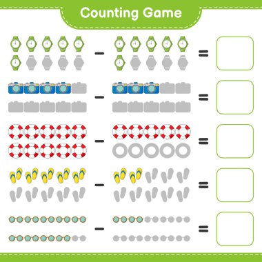 Oyun sayılıyor, güneş gözlüğü sayısını sayın, Flip flop, Saatler, Kamera, Lifebuoy ve sonucu yazın. Eğitimsel çocuk oyunu, yazdırılabilir çalışma tablosu, vektör illüstrasyonu
