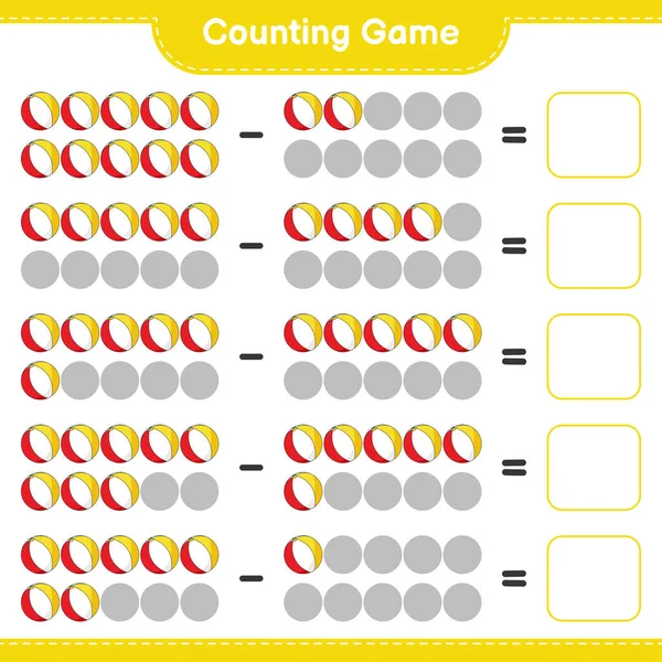 计数游戏 计数海滩球的数量 并写下结果 教育儿童游戏 可打印工作表 矢量图解 — 图库矢量图片