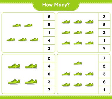 Maç sayıyorum, kaç tane Sneaker. Eğitimsel çocuk oyunu, yazdırılabilir çalışma tablosu, vektör illüstrasyonu