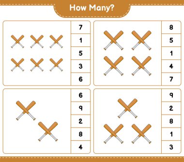 Maç sayısı, kaç beysbol sopası. Eğitimsel çocuk oyunu, yazdırılabilir çalışma tablosu, vektör illüstrasyonu