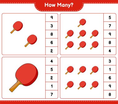 Maç sayma, kaç tane pinpon raketi. Eğitimsel çocuk oyunu, yazdırılabilir çalışma tablosu, vektör illüstrasyonu