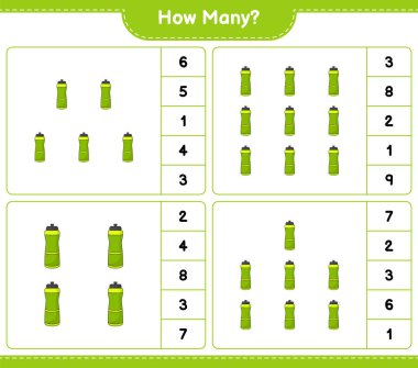 Sport Water Bottle 'ı sayıyorum. Eğitimsel çocuk oyunu, yazdırılabilir çalışma tablosu, vektör illüstrasyonu