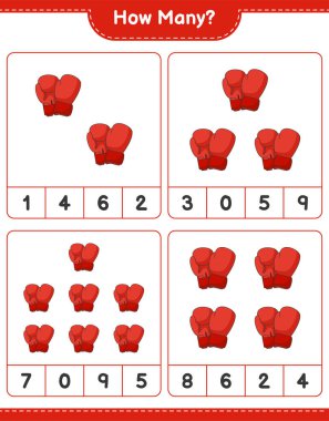 Maç sayıyorum, kaç boks eldiveni var. Eğitimsel çocuk oyunu, yazdırılabilir çalışma tablosu, vektör illüstrasyonu