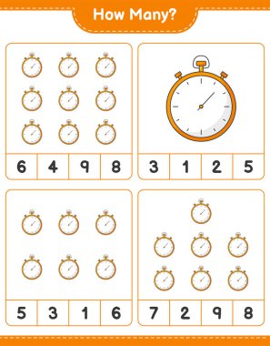 Maç sayıyorum, kaç tane Stopwatch var. Eğitimsel çocuk oyunu, yazdırılabilir çalışma tablosu, vektör illüstrasyonu