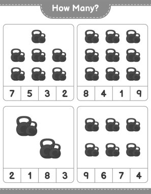 Oyun sayıyorum, kaç tane Dumbbell. Eğitimsel çocuk oyunu, yazdırılabilir çalışma tablosu, vektör illüstrasyonu