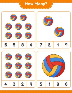 Maç sayısı, kaç voleybol. Eğitimsel çocuk oyunu, yazdırılabilir çalışma tablosu, vektör illüstrasyonu