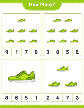Maç sayıyorum, kaç tane Sneaker. Eğitimsel çocuk oyunu, yazdırılabilir çalışma tablosu, vektör illüstrasyonu