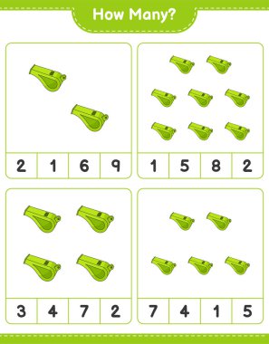 Sayma oyunu, kaç ıslık. Eğitimsel çocuk oyunu, yazdırılabilir çalışma tablosu, vektör illüstrasyonu