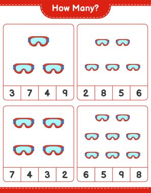 Maç sayısı, kaç Goggle. Eğitimsel çocuk oyunu, yazdırılabilir çalışma tablosu, vektör illüstrasyonu