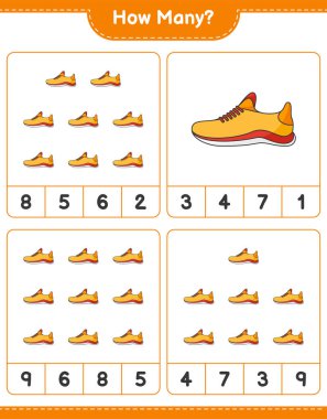 Sayma oyunu, kaç tane Koşu Ayakkabısı. Eğitimsel çocuk oyunu, yazdırılabilir çalışma tablosu, vektör illüstrasyonu