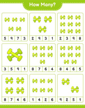 Oyun sayıyorum, kaç tane Dumbbell. Eğitimsel çocuk oyunu, yazdırılabilir çalışma tablosu, vektör illüstrasyonu