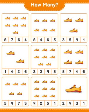 Sayma oyunu, kaç tane Koşu Ayakkabısı. Eğitimsel çocuk oyunu, yazdırılabilir çalışma tablosu, vektör illüstrasyonu