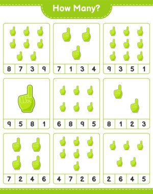 Sayı sayma oyunu, kaç tane köpük parmak. Eğitimsel çocuk oyunu, yazdırılabilir çalışma tablosu, vektör illüstrasyonu