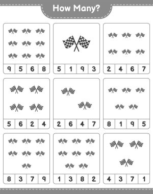 Sayma oyunu, kaç yarış bayrağı. Eğitimsel çocuk oyunu, yazdırılabilir çalışma tablosu, vektör illüstrasyonu