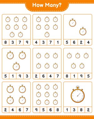 Maç sayıyorum, kaç tane Stopwatch var. Eğitimsel çocuk oyunu, yazdırılabilir çalışma tablosu, vektör illüstrasyonu