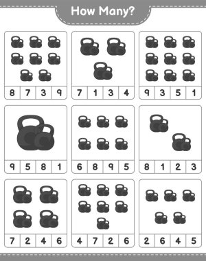 Oyun sayıyorum, kaç tane Dumbbell. Eğitimsel çocuk oyunu, yazdırılabilir çalışma tablosu, vektör illüstrasyonu
